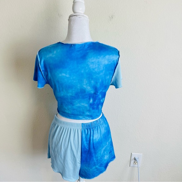 Blue Tie Dye Ribbed Patch Work Lettuce Trim Short Sleeve Crop Top & Shorts Set - Picture 2 of 5